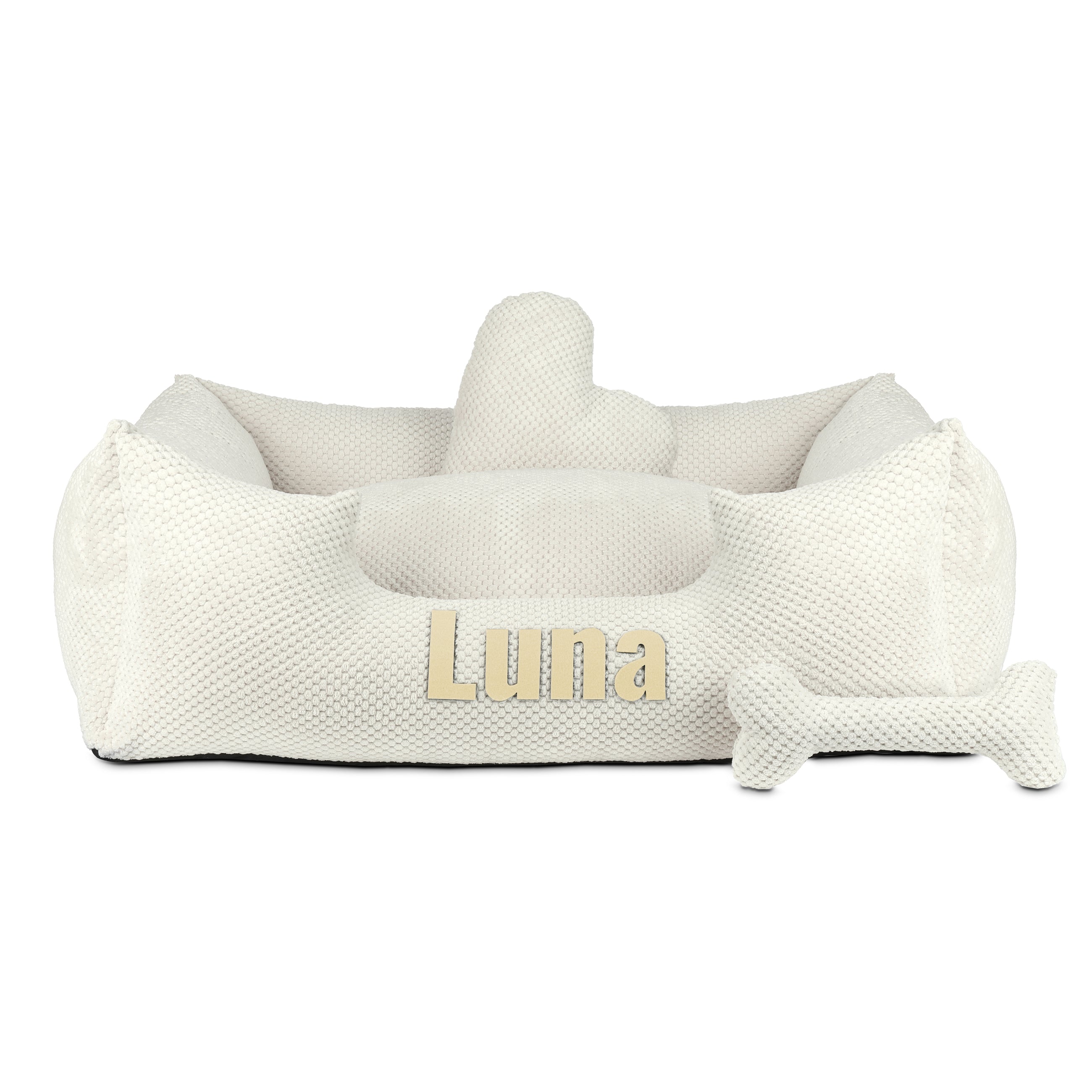 Platinum white - white dog bed with name