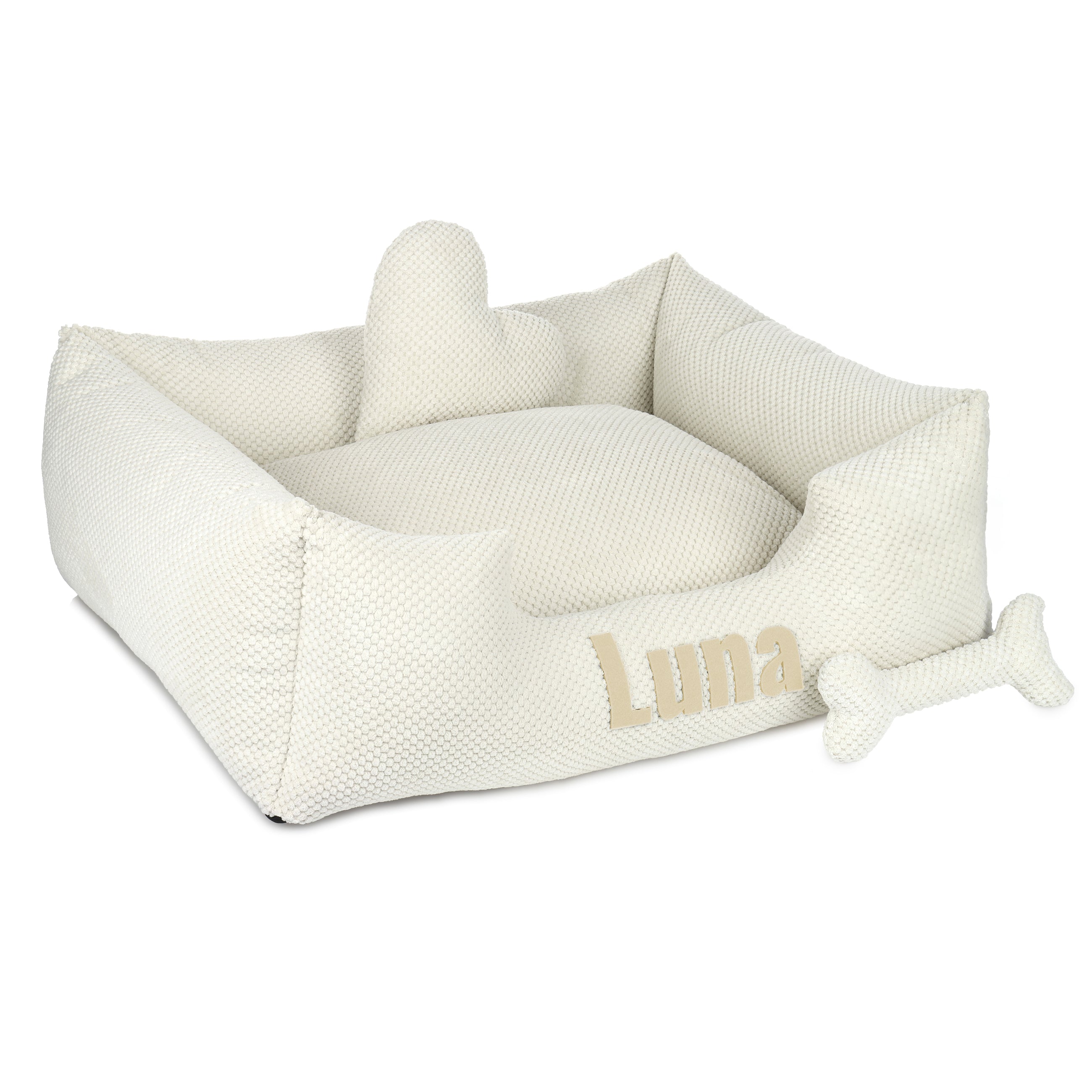 Platinum white - white dog bed with name